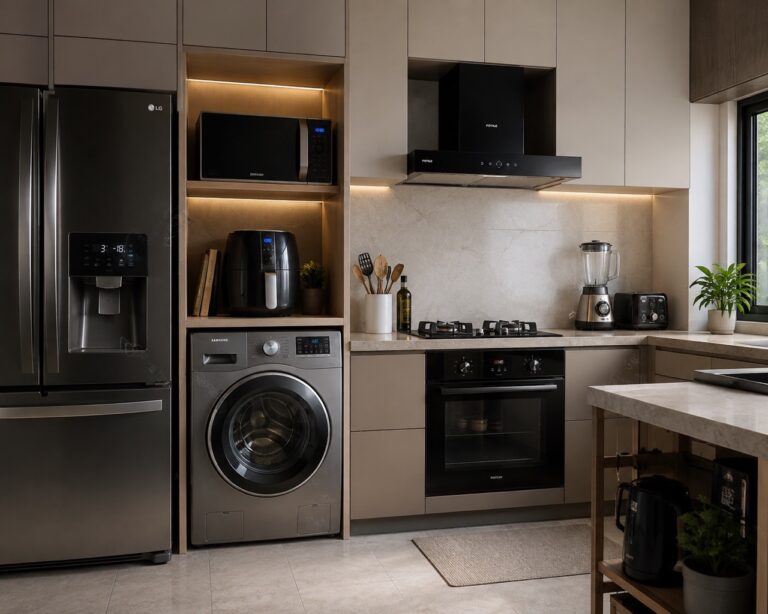 Kitchen with a fridge, washing machine and oven