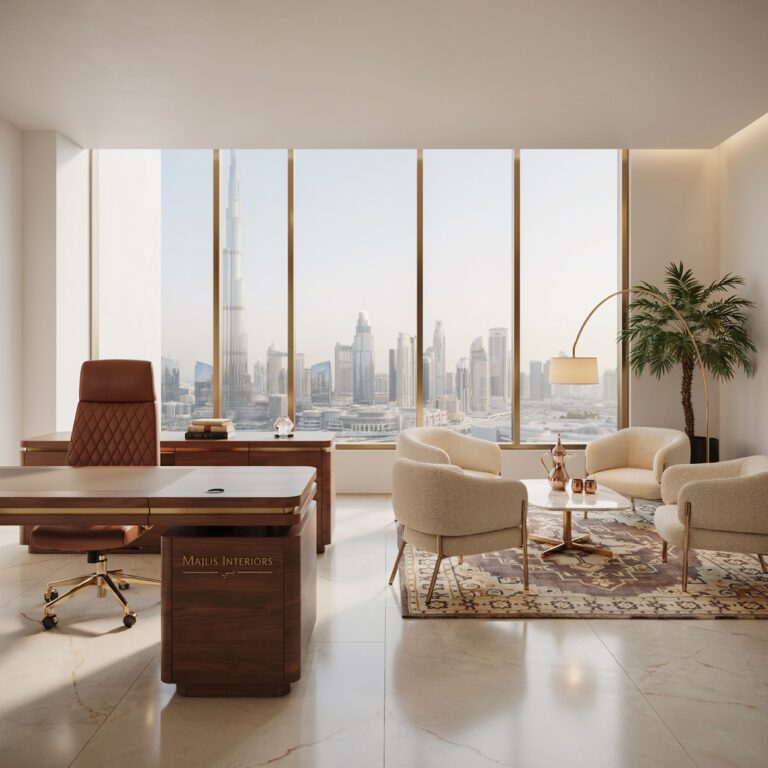 Office with a wooden desk and desk chair