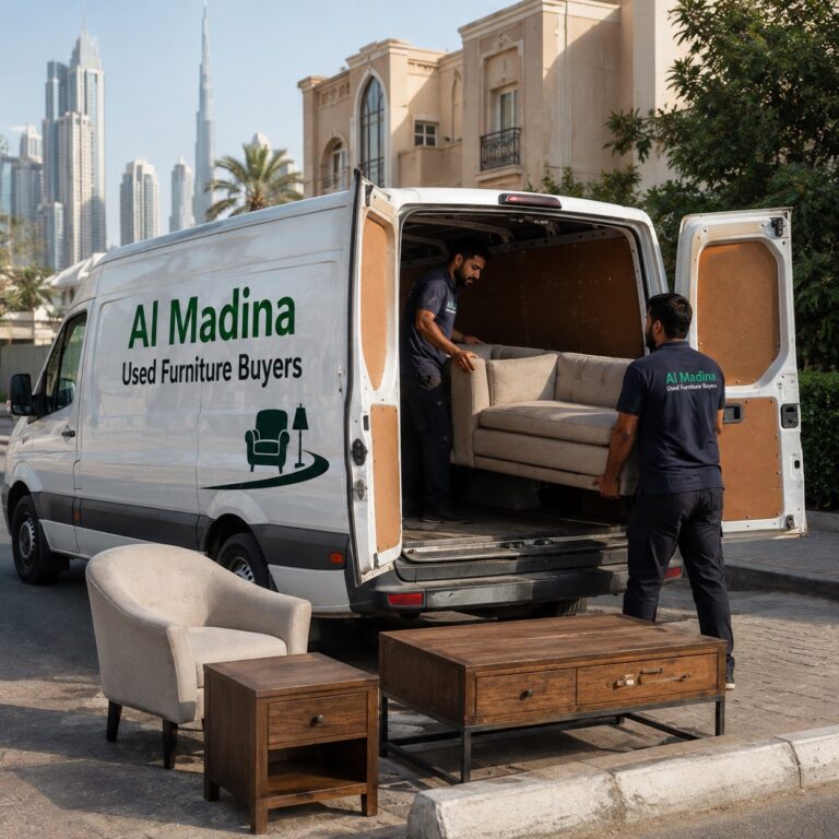 Illustration of a sofa being loaded into a furniture collection van